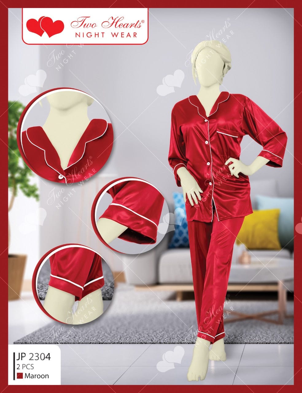 2 Piece Collar Neck Silk Lounge Wear 2304
